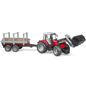 BRUDER Трактор с челен товарач и ремарке за дървен материал MASSEY FERGUSON