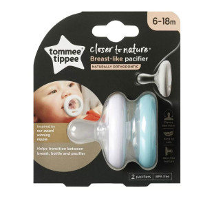 TOMMEE TIPPEE Ортодонтични залъгалки 6-18 м. BREAST-LIKE с БЯЛ и цветен ринг